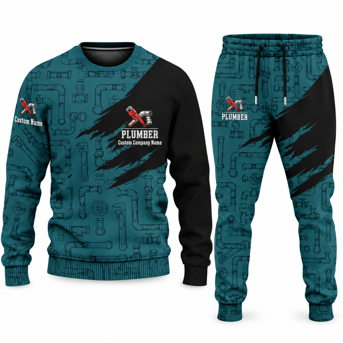 Plumber Diagonal Brush sweater and jogger combo, teal view with name and company artwork