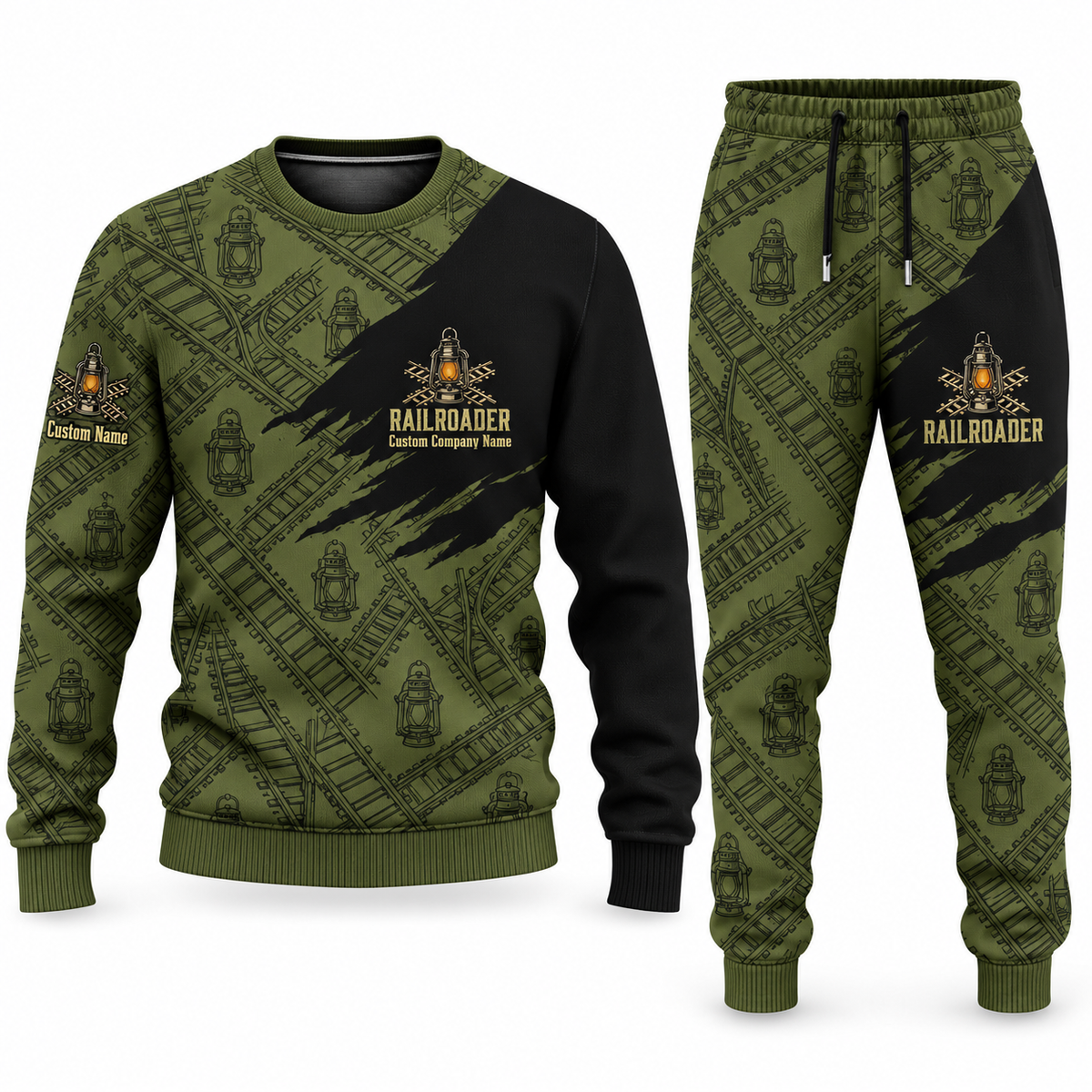 Railroader Diagonal Brush sweater and jogger combo, olive view with name and company artwork