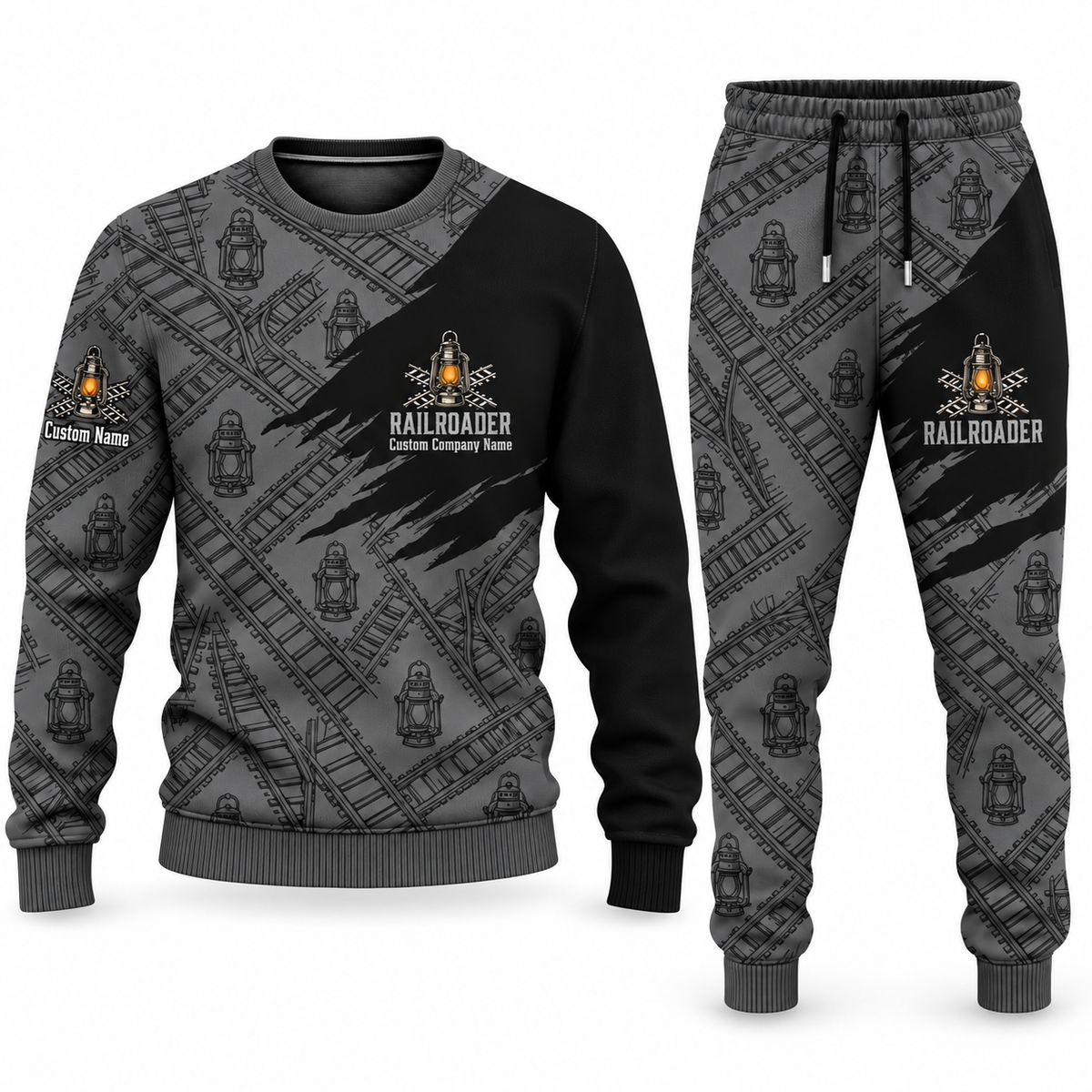 Railroader Diagonal Brush sweater and jogger combo, charcoal view with name and company artwork