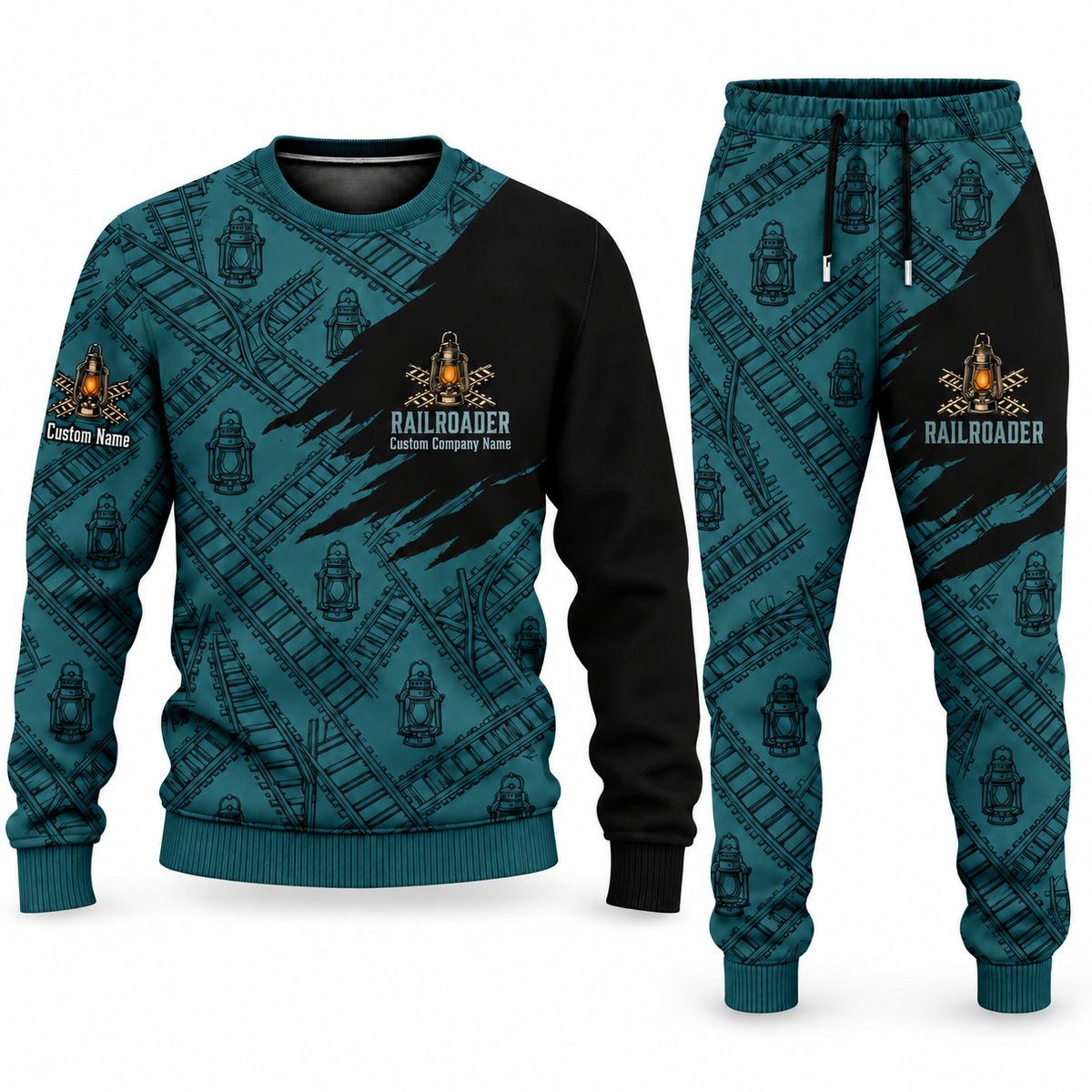 Railroader Diagonal Brush sweater and jogger combo, teal view with name and company artwork