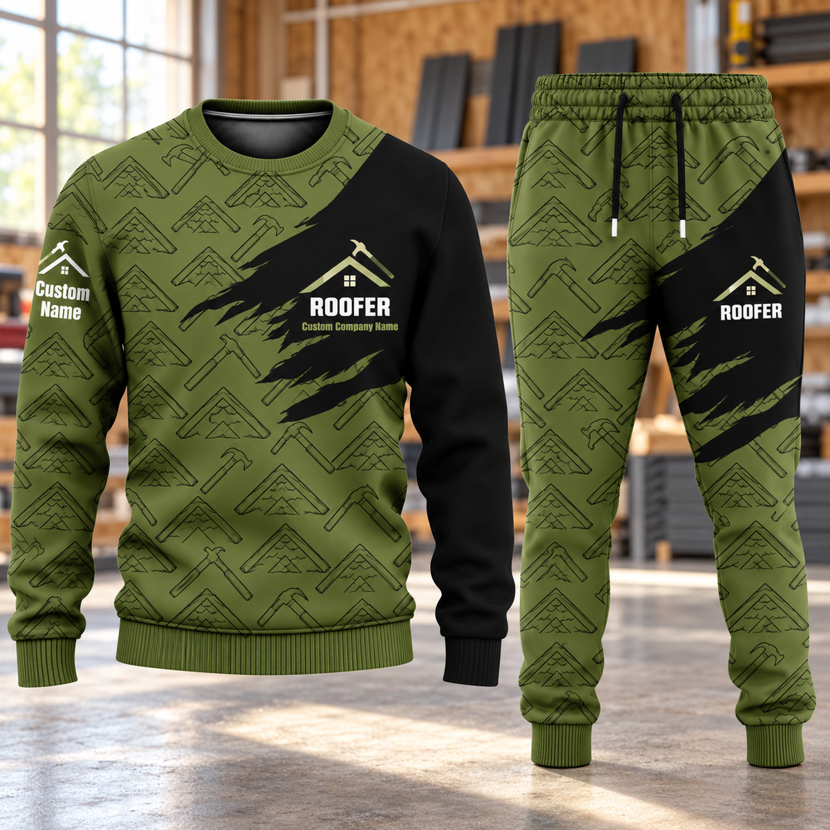 Roofer Diagonal Brush sweater and jogger combo, hero view with name and company artwork