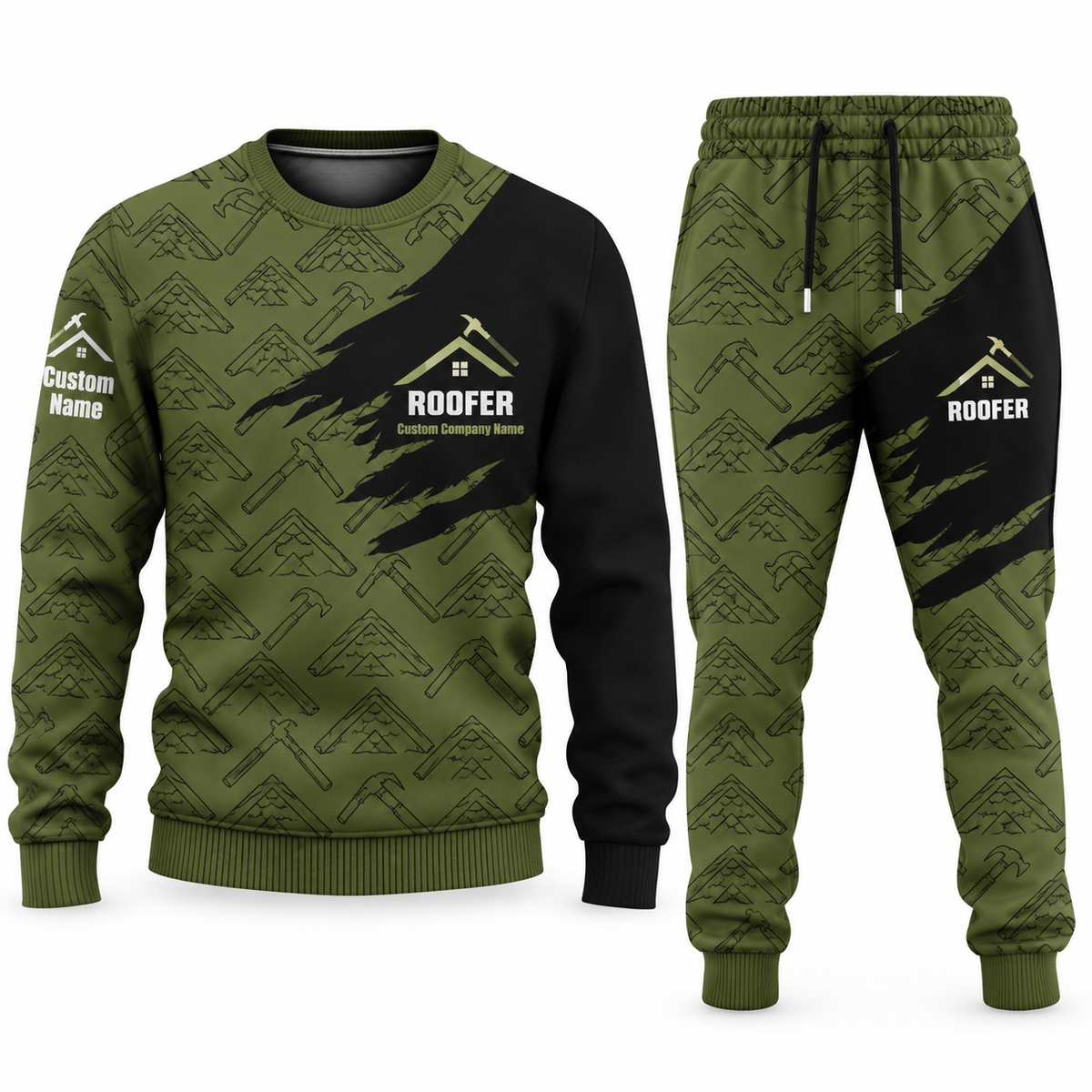 Roofer Diagonal Brush sweater and jogger combo, olive view with name and company artwork