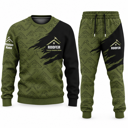 Roofer Diagonal Brush sweater and jogger combo, olive view with name and company artwork