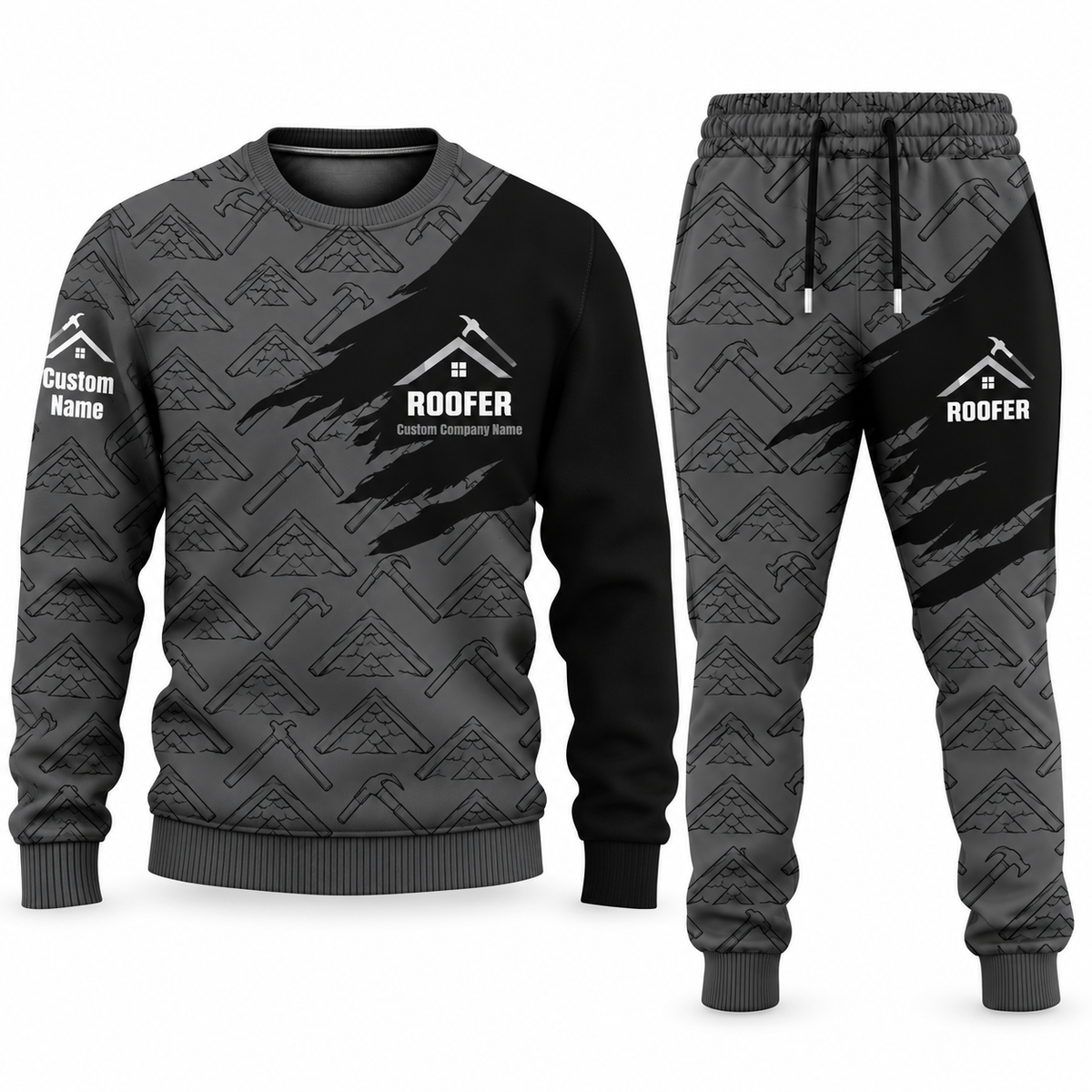 Roofer Diagonal Brush sweater and jogger combo, charcoal view with name and company artwork