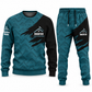Roofer Diagonal Brush sweater and jogger combo, teal view with name and company artwork