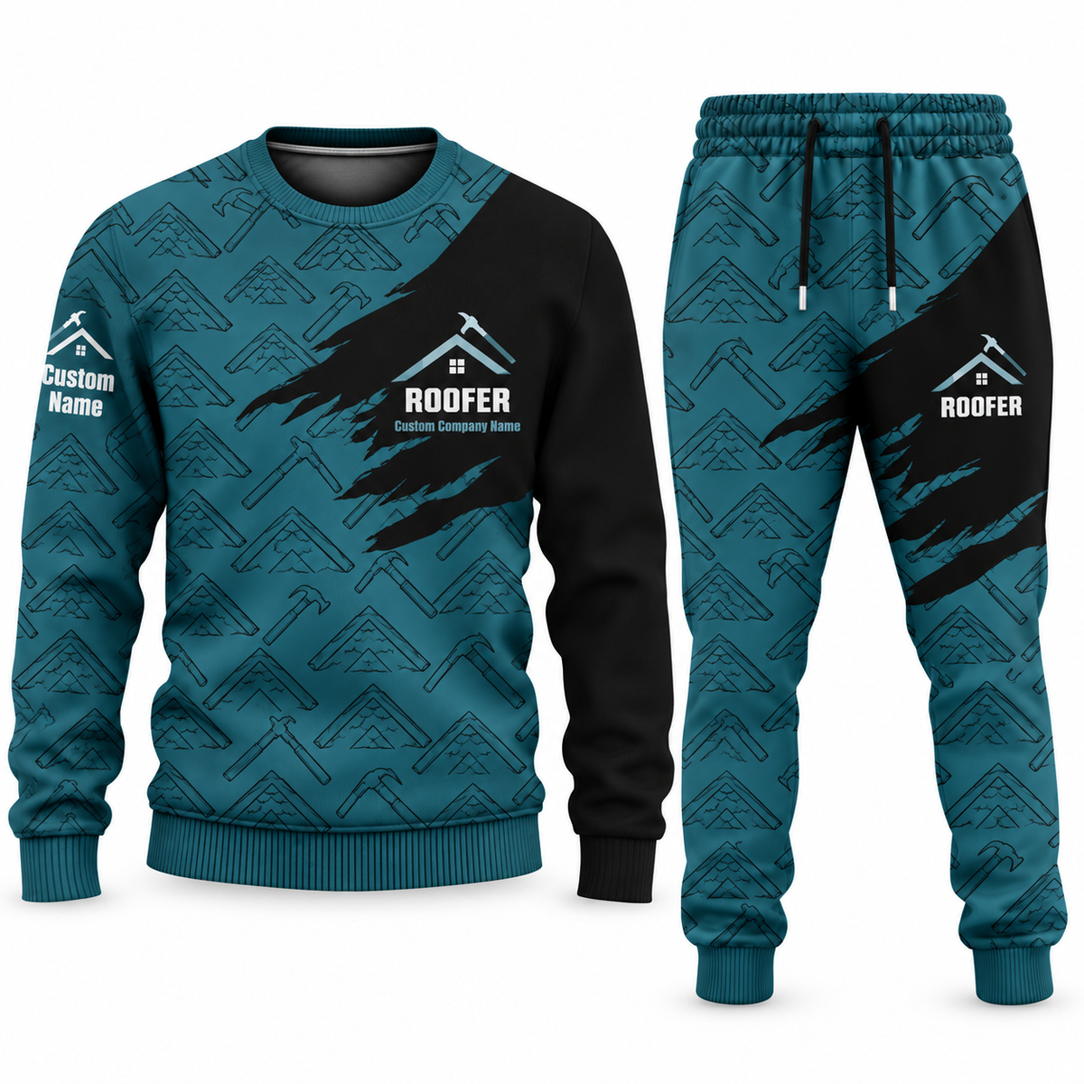 Roofer Diagonal Brush sweater and jogger combo, teal view with name and company artwork