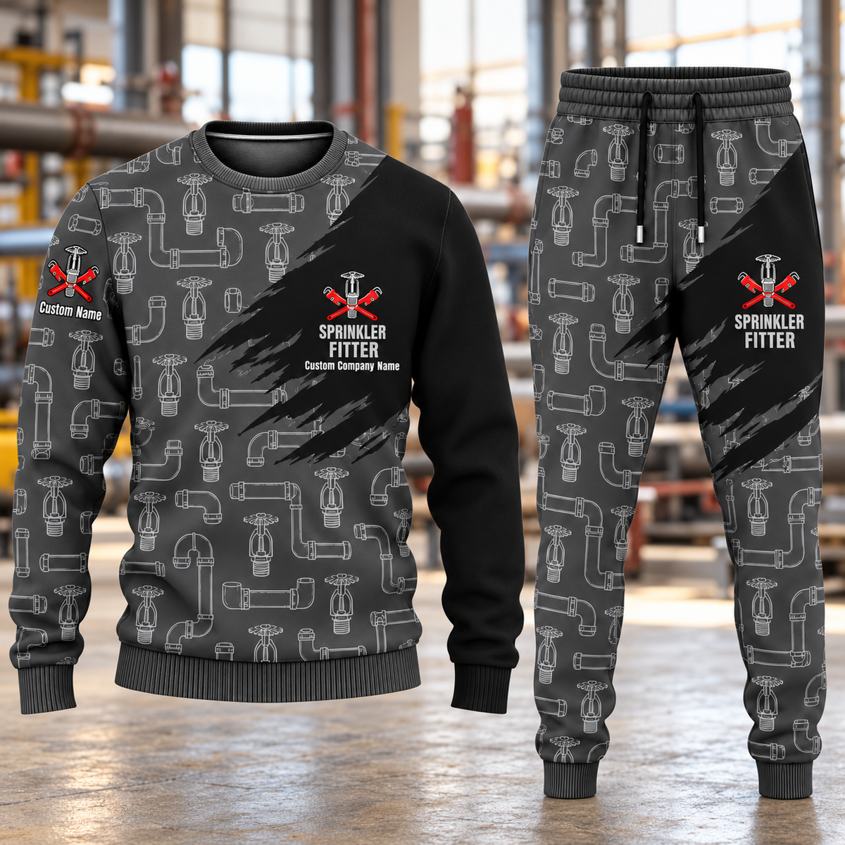 Sprinkler Fitter Diagonal Brush sweater and jogger combo, hero view with name and company artwork
