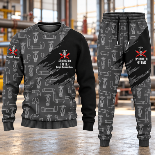 Sprinkler Fitter Diagonal Brush sweater and jogger combo, hero view with name and company artwork