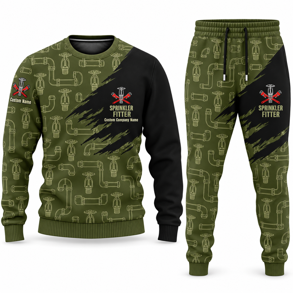 Sprinkler Fitter Diagonal Brush sweater and jogger combo, olive view with name and company artwork