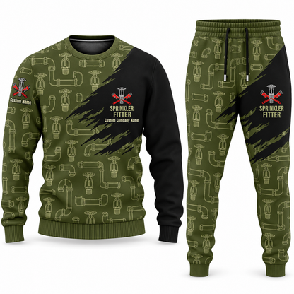 Sprinkler Fitter Diagonal Brush sweater and jogger combo, olive view with name and company artwork