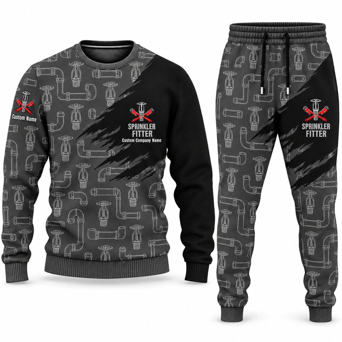Sprinkler Fitter Diagonal Brush sweater and jogger combo, charcoal view with name and company artwork