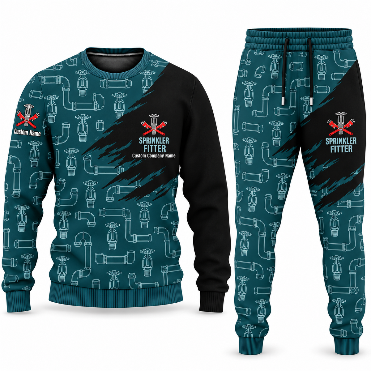 Sprinkler Fitter Diagonal Brush sweater and jogger combo, teal view with name and company artwork