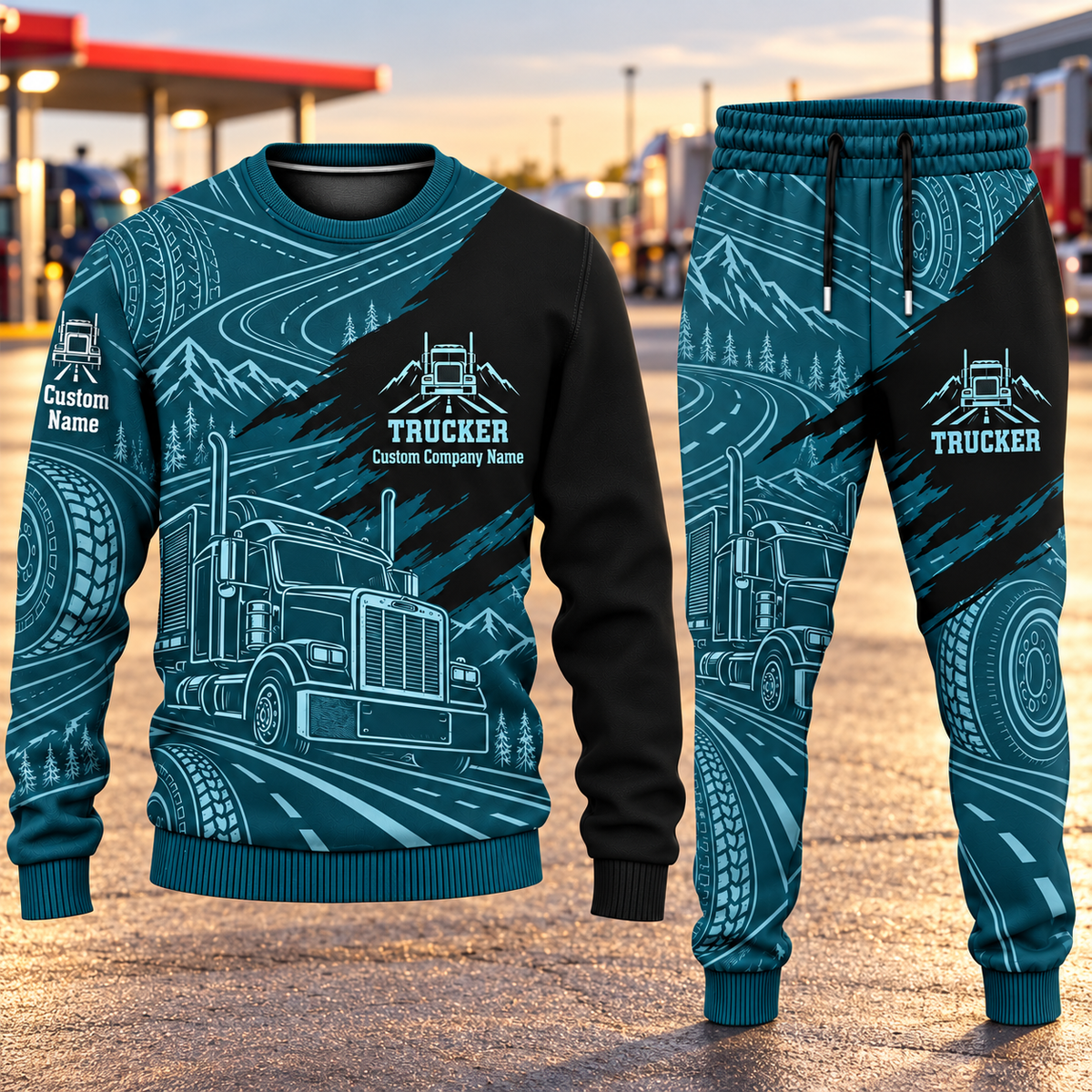 Trucker Diagonal Brush sweater and jogger combo, hero view with name and company artwork