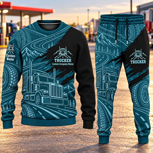 Trucker Diagonal Brush sweater and jogger combo, hero view with name and company artwork