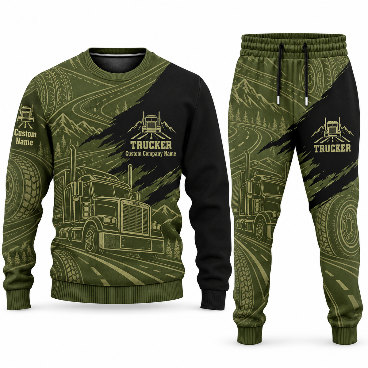 Trucker Diagonal Brush sweater and jogger combo, olive view with name and company artwork
