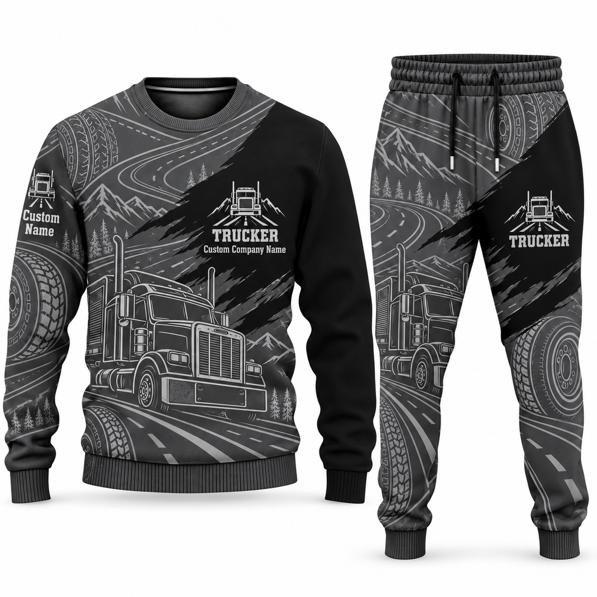 Trucker Diagonal Brush sweater and jogger combo, charcoal view with name and company artwork