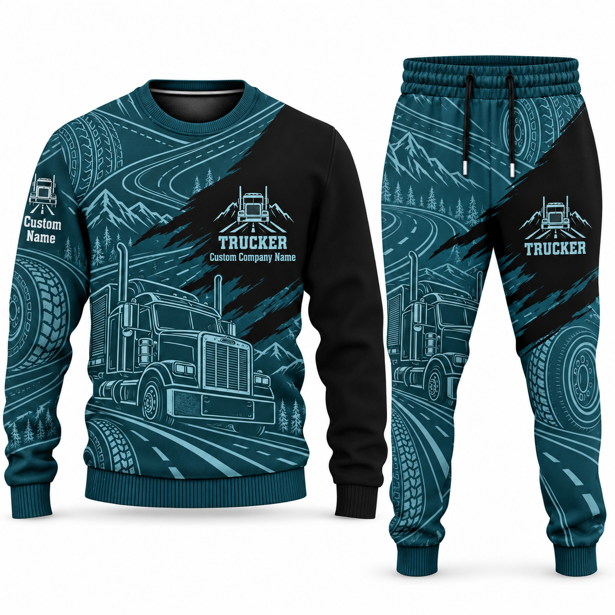 Trucker Diagonal Brush sweater and jogger combo, teal view with name and company artwork