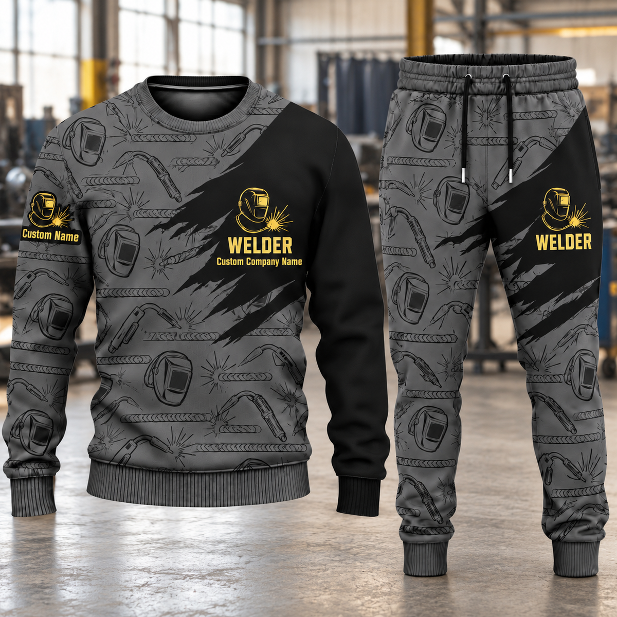 Welder Diagonal Brush sweater and jogger combo, hero view with name and company artwork