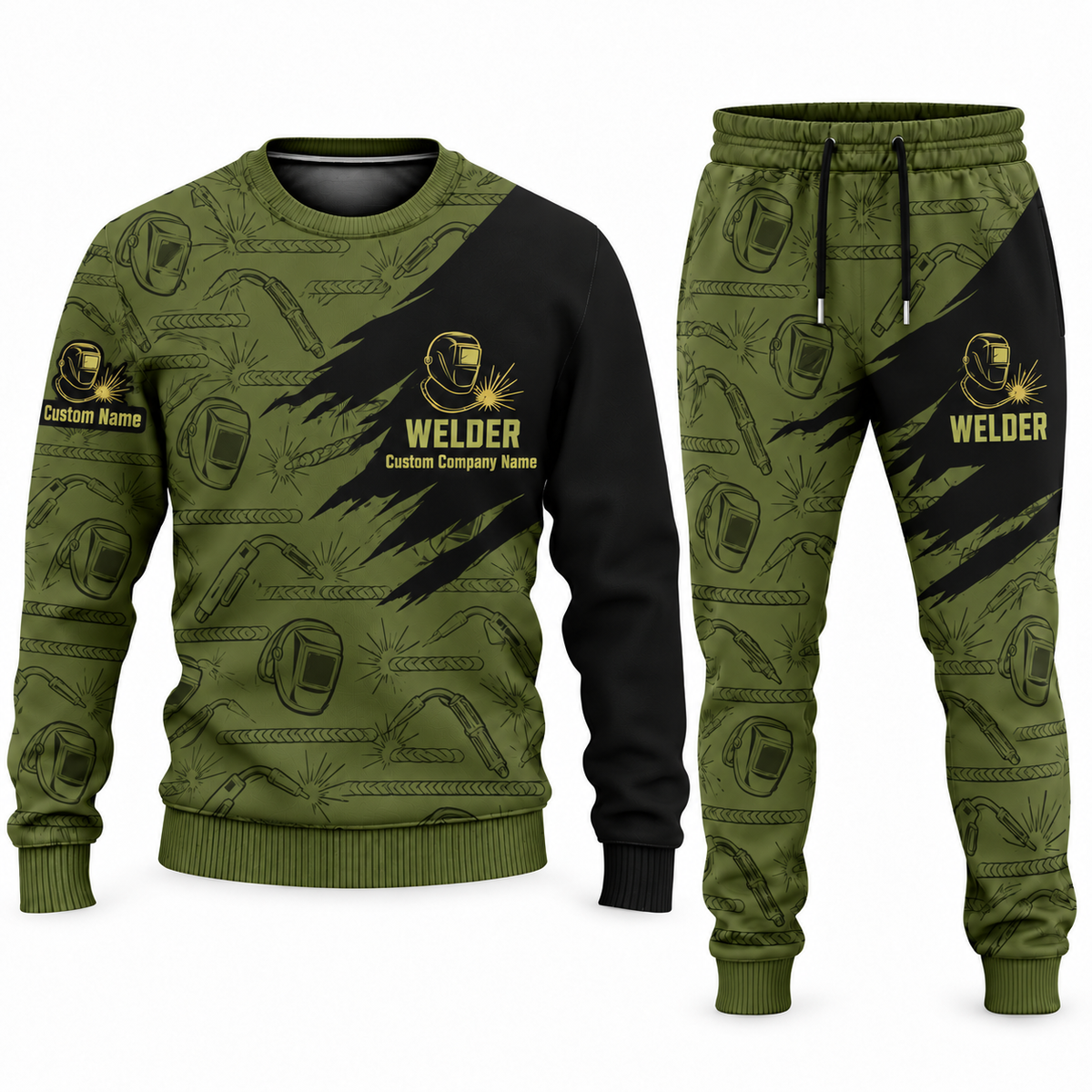 Welder Diagonal Brush sweater and jogger combo, olive view with name and company artwork