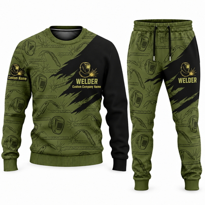 Welder Diagonal Brush sweater and jogger combo, olive view with name and company artwork