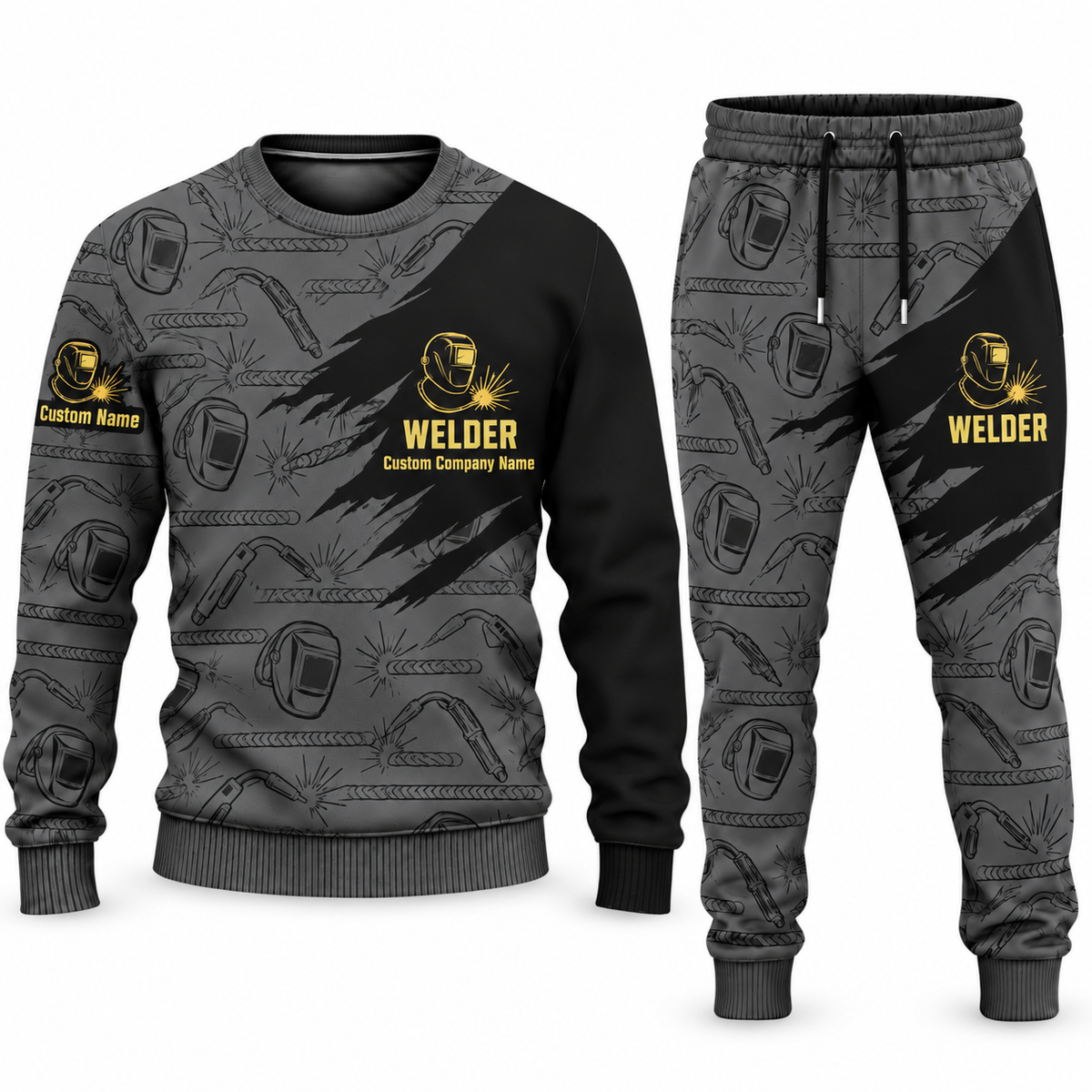 Welder Diagonal Brush sweater and jogger combo, charcoal view with name and company artwork