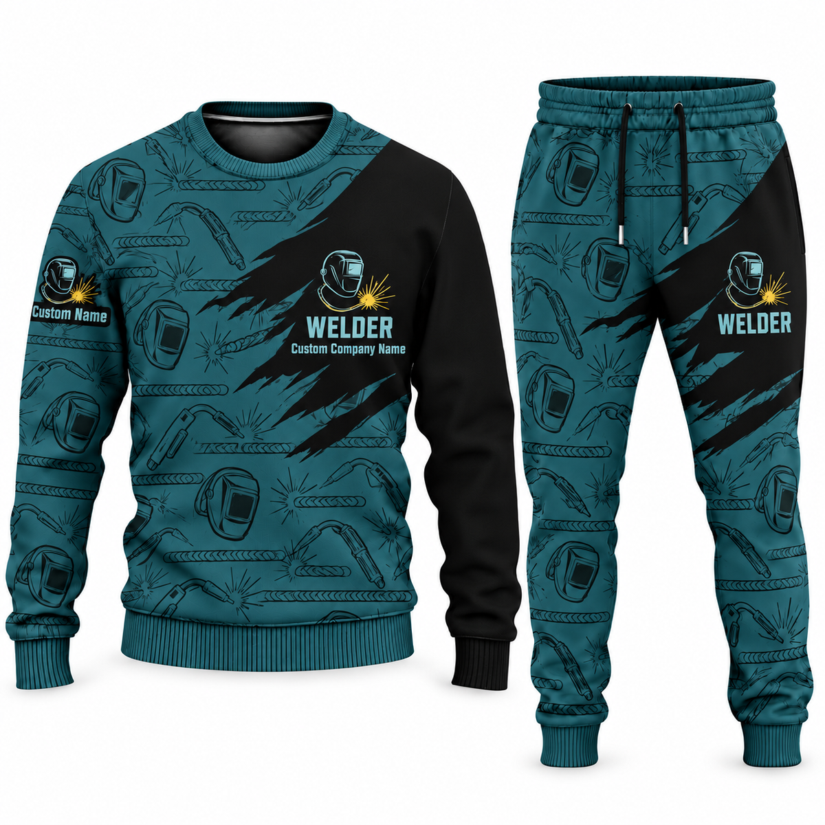 Welder Diagonal Brush sweater and jogger combo, teal view with name and company artwork