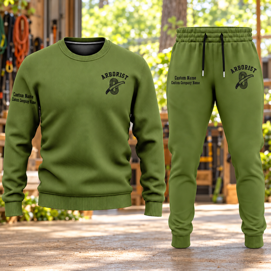 Arborist Minimal Badge sweater and jogger combo, hero view with name and company artwork