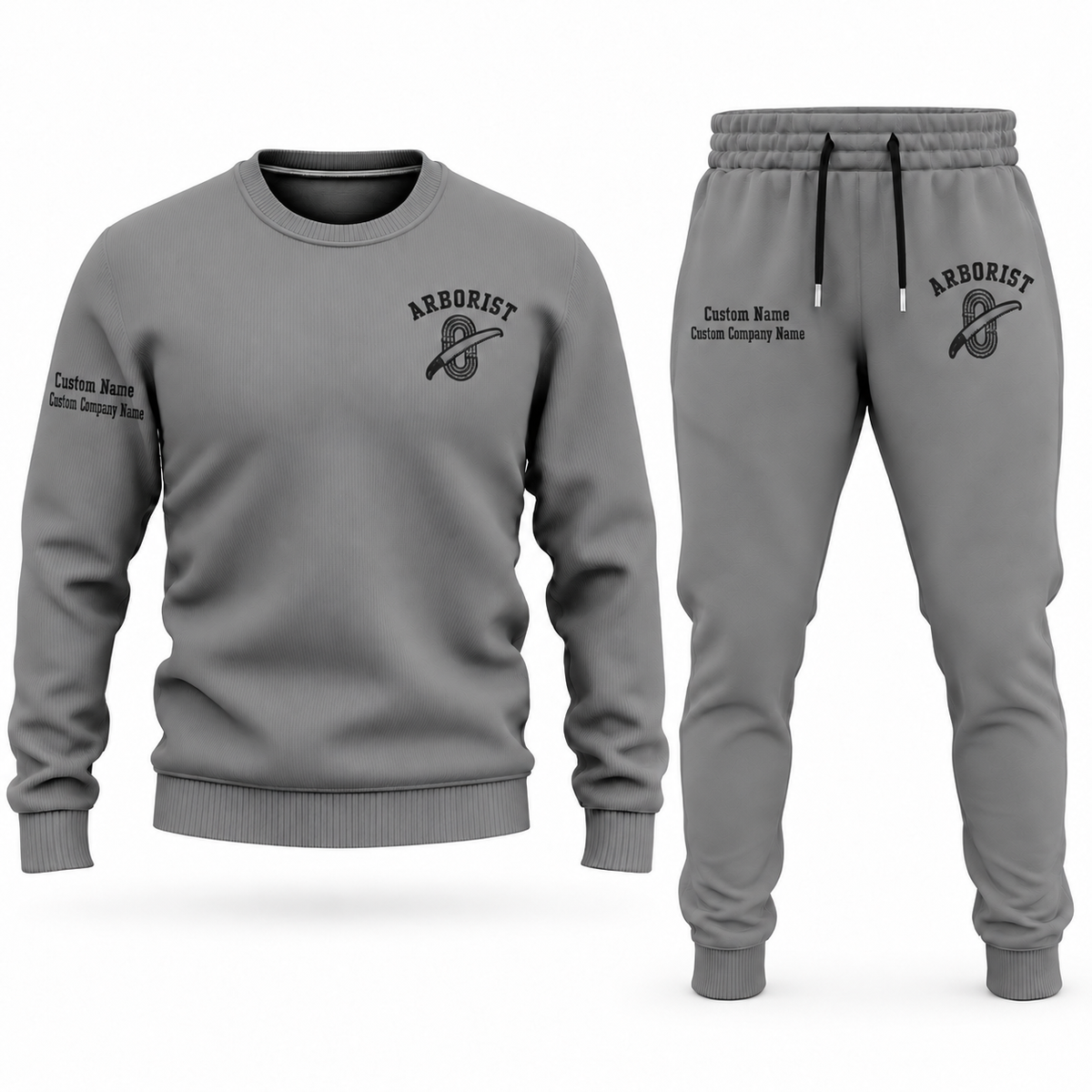 Arborist Minimal Badge sweater and jogger combo, gray view with name and company artwork