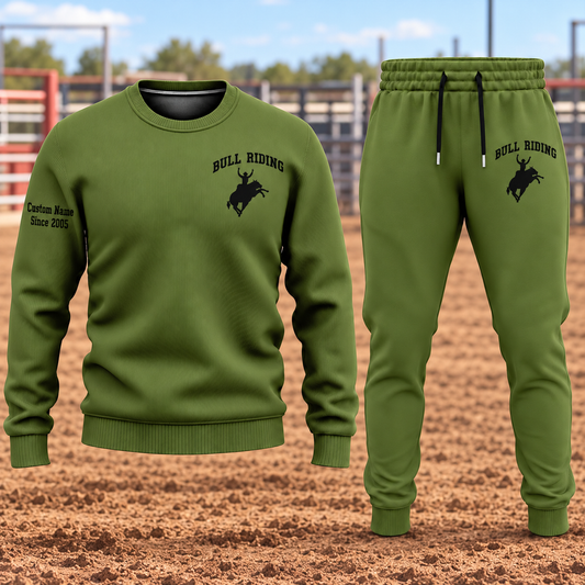 Bull Riding Minimal Badge sweater and jogger combo, hero view with name and Since 2005 artwork