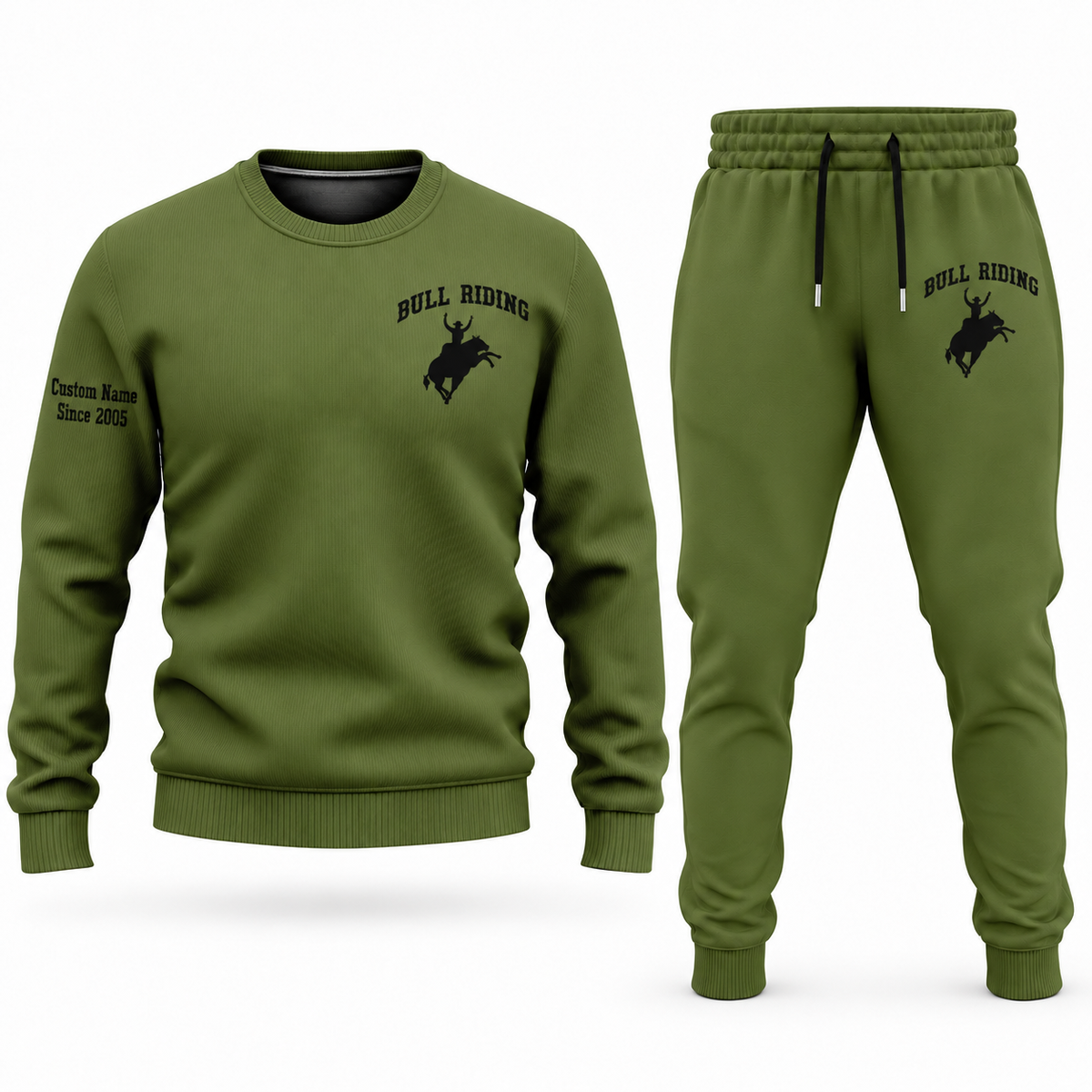 Bull Riding Minimal Badge sweater and jogger combo, olive view with name and Since 2005 artwork