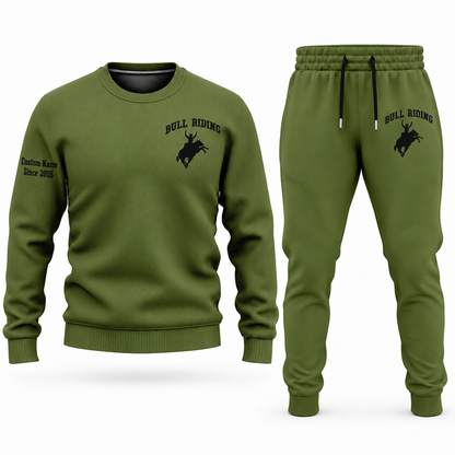 Bull Riding Minimal Badge sweater and jogger combo, olive view with name and Since 2005 artwork