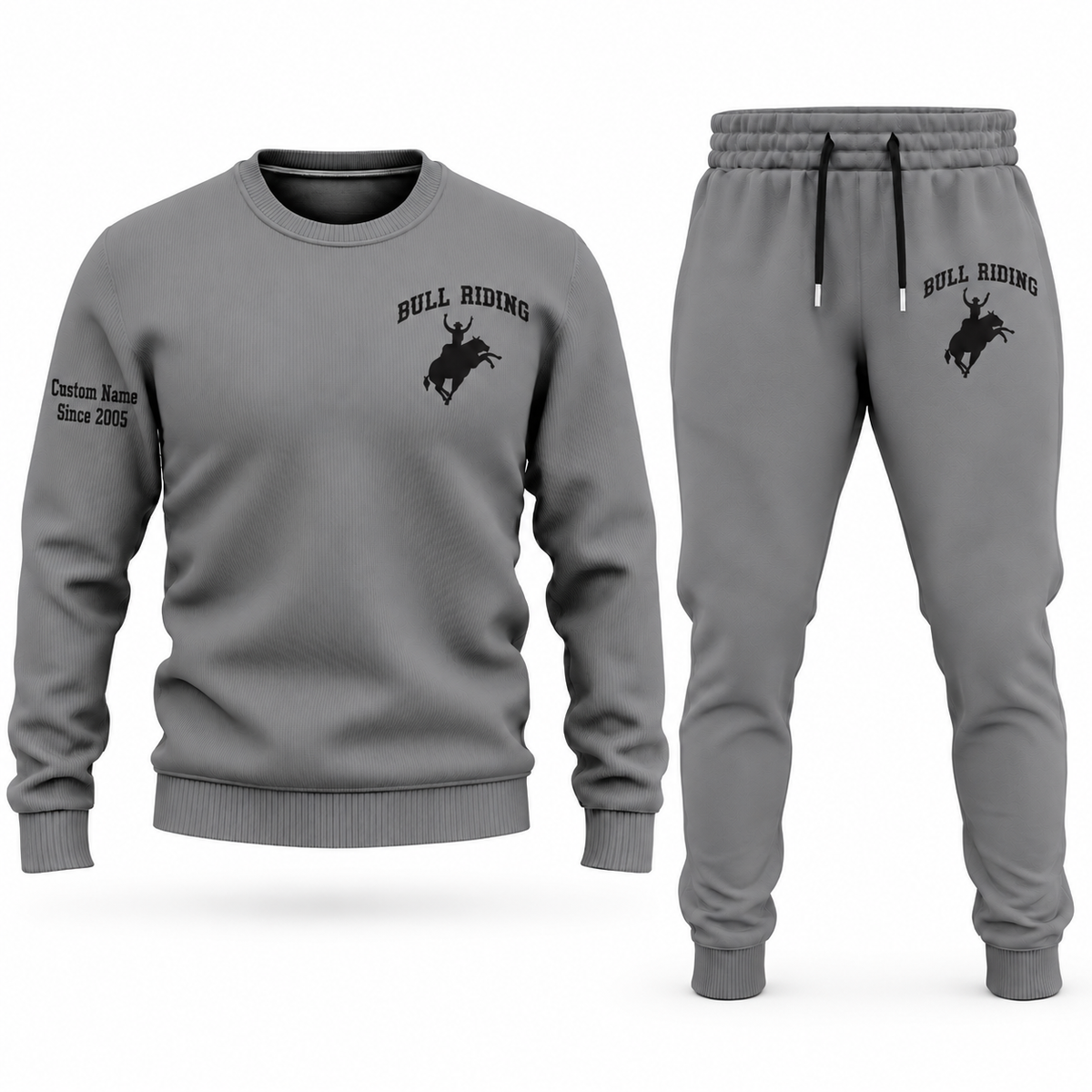 Bull Riding Minimal Badge sweater and jogger combo, gray view with name and Since 2005 artwork