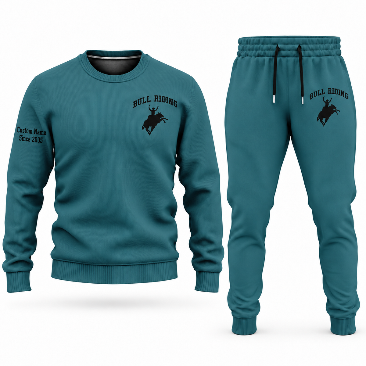 Bull Riding Minimal Badge sweater and jogger combo, teal view with name and Since 2005 artwork