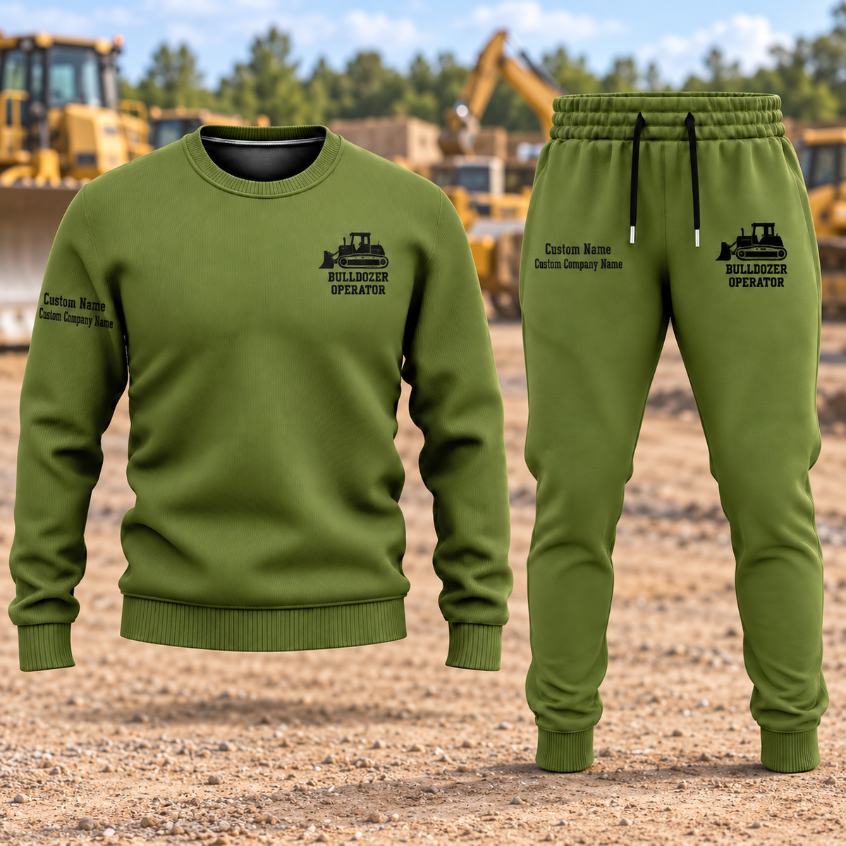 Bulldozer Operator Minimal Badge sweater and jogger combo, hero view with name and company artwork