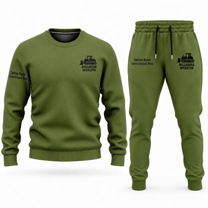 Bulldozer Operator Minimal Badge sweater and jogger combo, olive view with name and company artwork