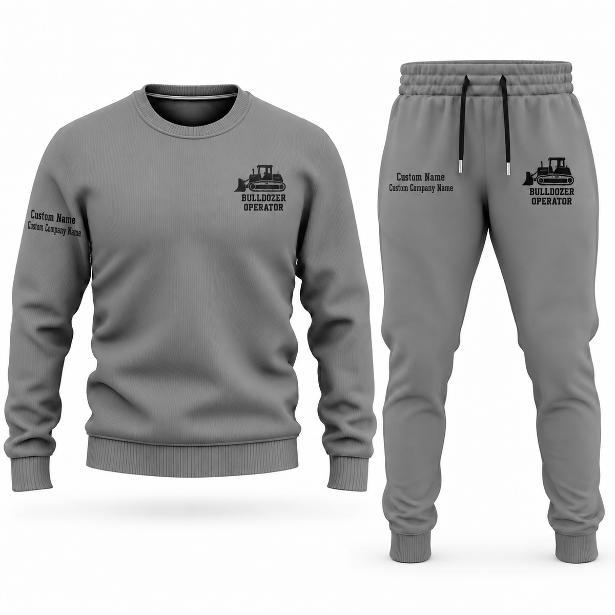 Bulldozer Operator Minimal Badge sweater and jogger combo, gray view with name and company artwork