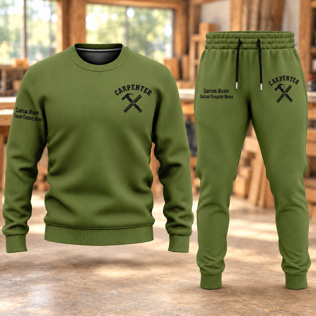Carpenter Minimal Badge sweater and jogger combo, hero view with name and company artwork