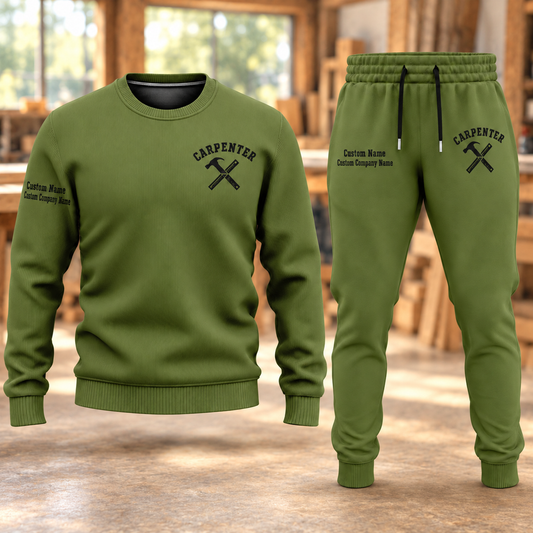Carpenter Minimal Badge sweater and jogger combo, hero view with name and company artwork