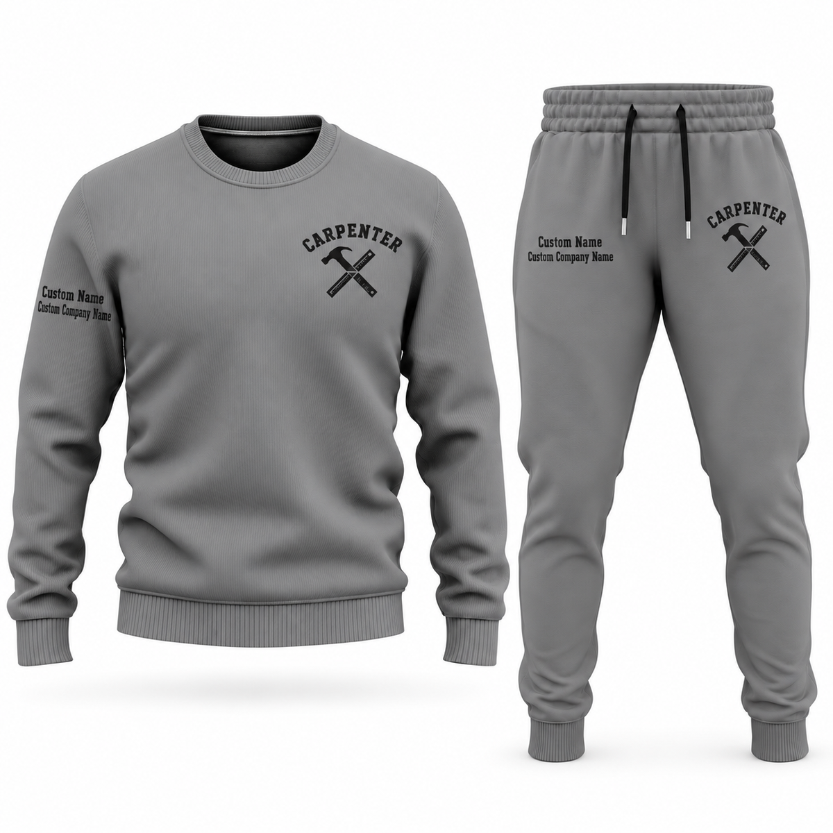 Carpenter Minimal Badge sweater and jogger combo, gray view with name and company artwork