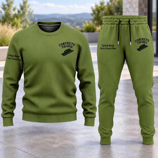 Concrete Finisher Minimal Badge sweater and jogger combo, hero view with name and company artwork