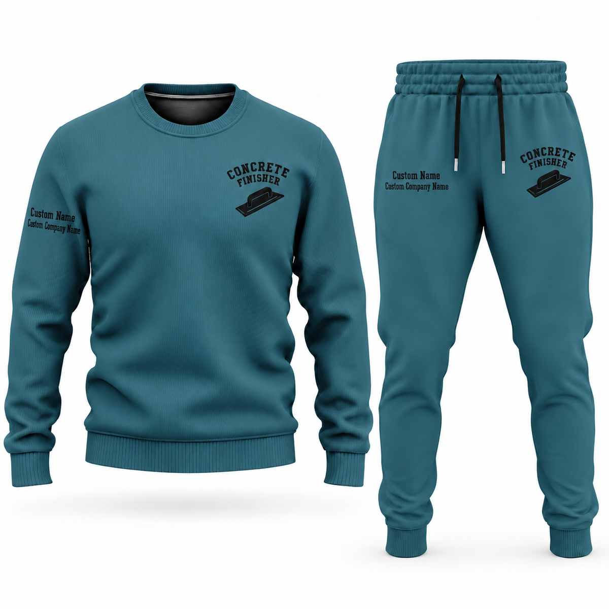 Concrete Finisher Minimal Badge sweater and jogger combo, teal view with name and company artwork