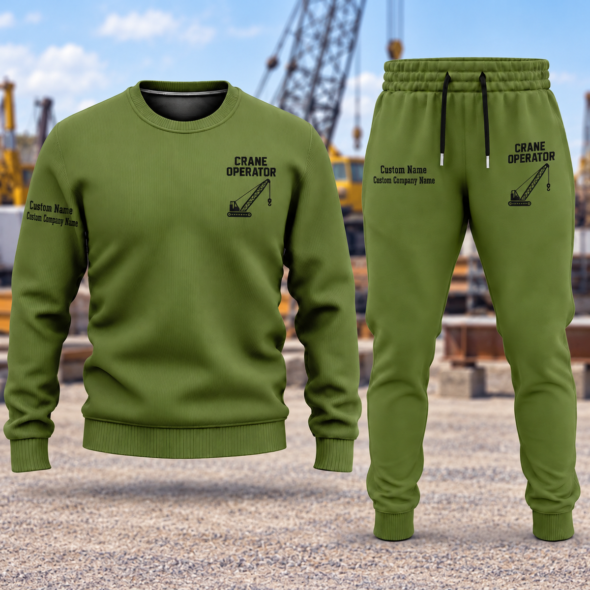 Crane Operator Minimal Badge sweater and jogger combo, hero view with name and company artwork