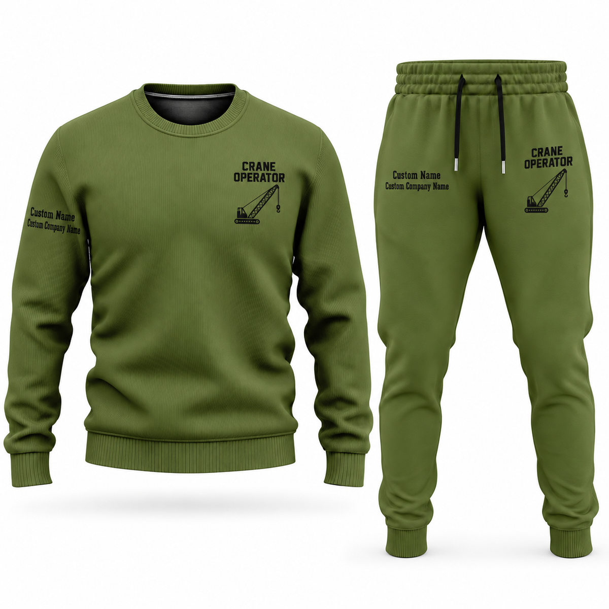Crane Operator Minimal Badge sweater and jogger combo, olive view with name and company artwork