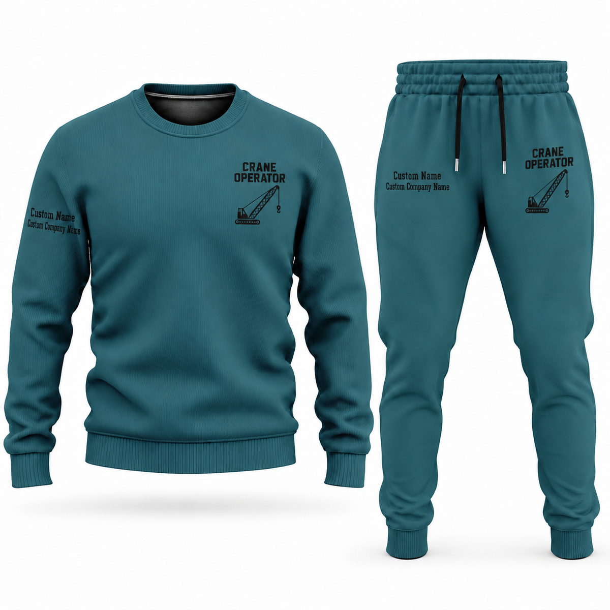 Crane Operator Minimal Badge sweater and jogger combo, teal view with name and company artwork