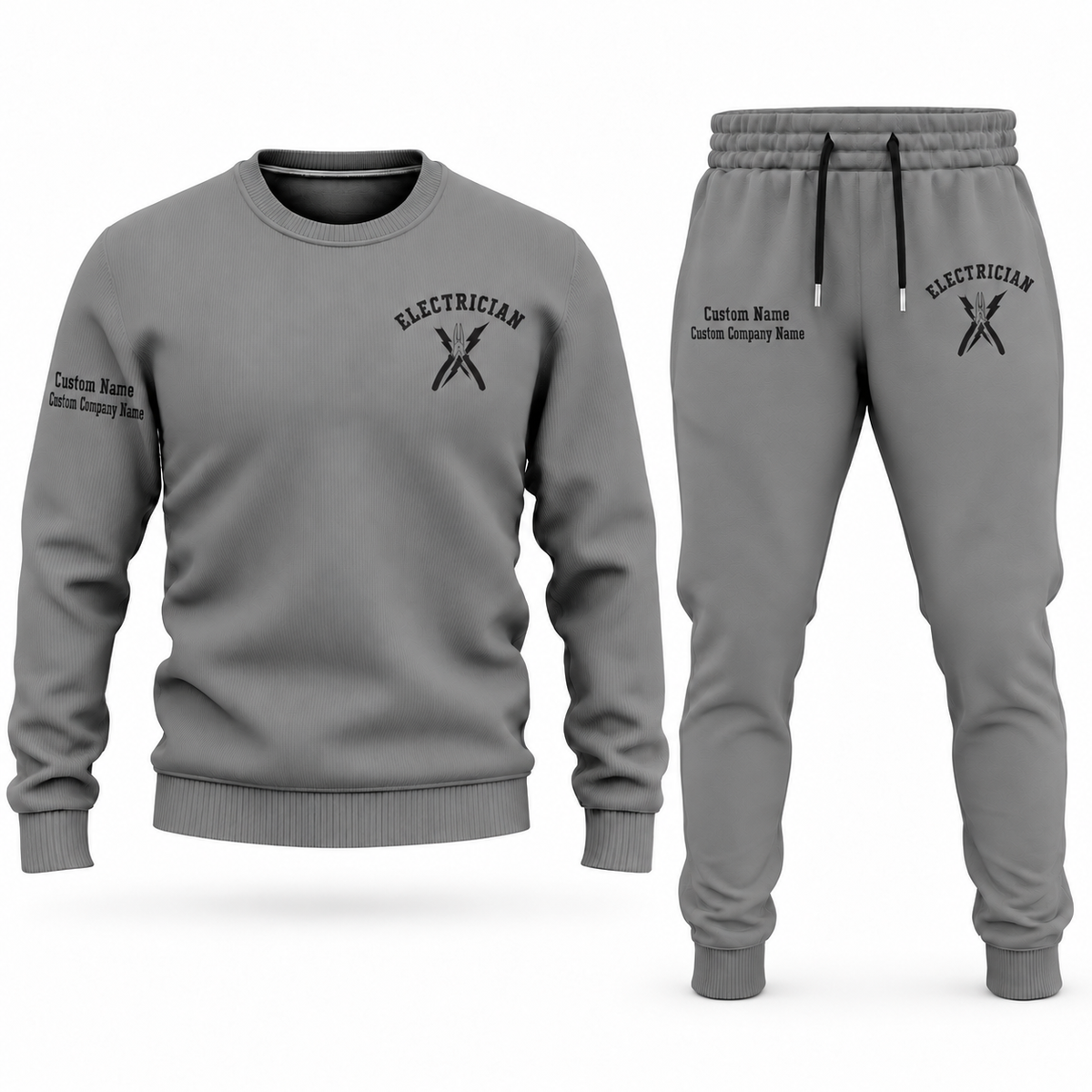 Electrician Minimal Badge sweater and jogger combo, gray view with name and company artwork
