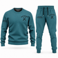 Electrician Minimal Badge sweater and jogger combo, teal view with name and company artwork
