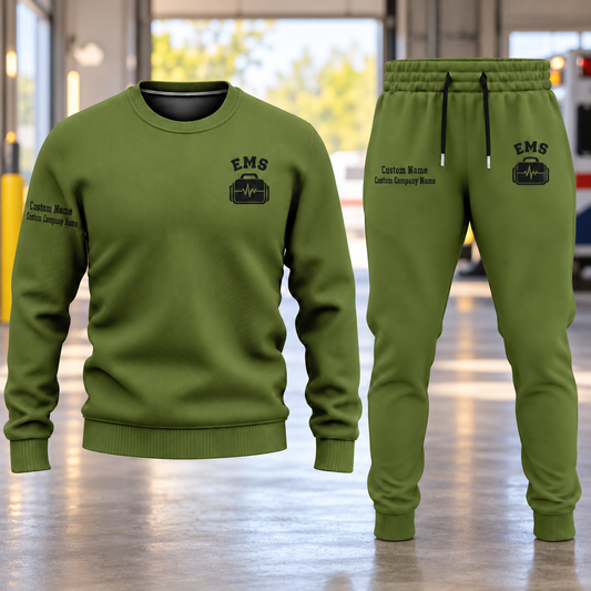 EMS Minimal Badge sweater and jogger combo, hero view with name and company artwork