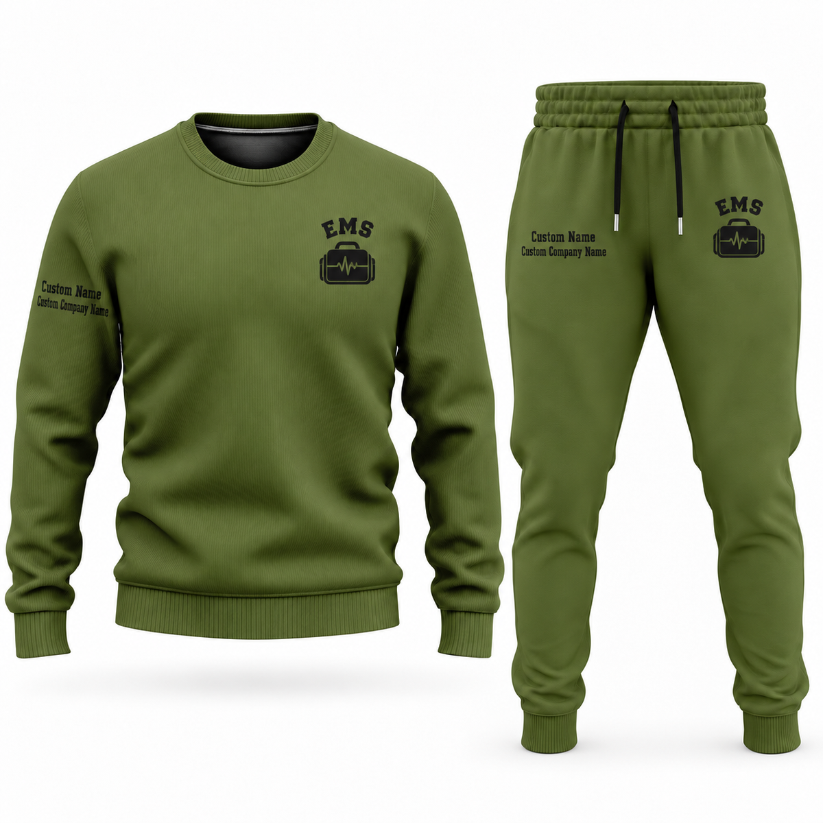EMS Minimal Badge sweater and jogger combo, olive view with name and company artwork