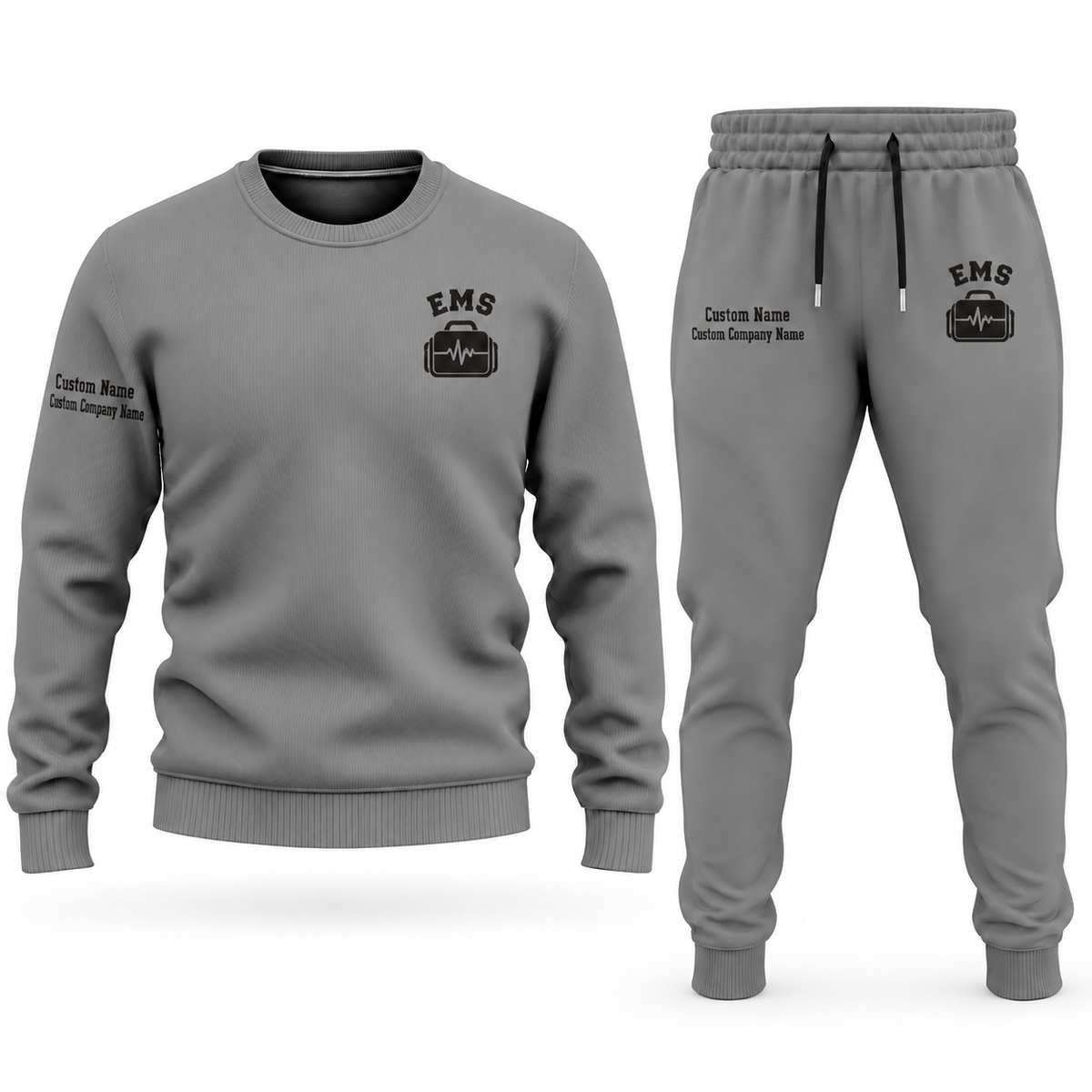 EMS Minimal Badge sweater and jogger combo, gray view with name and company artwork