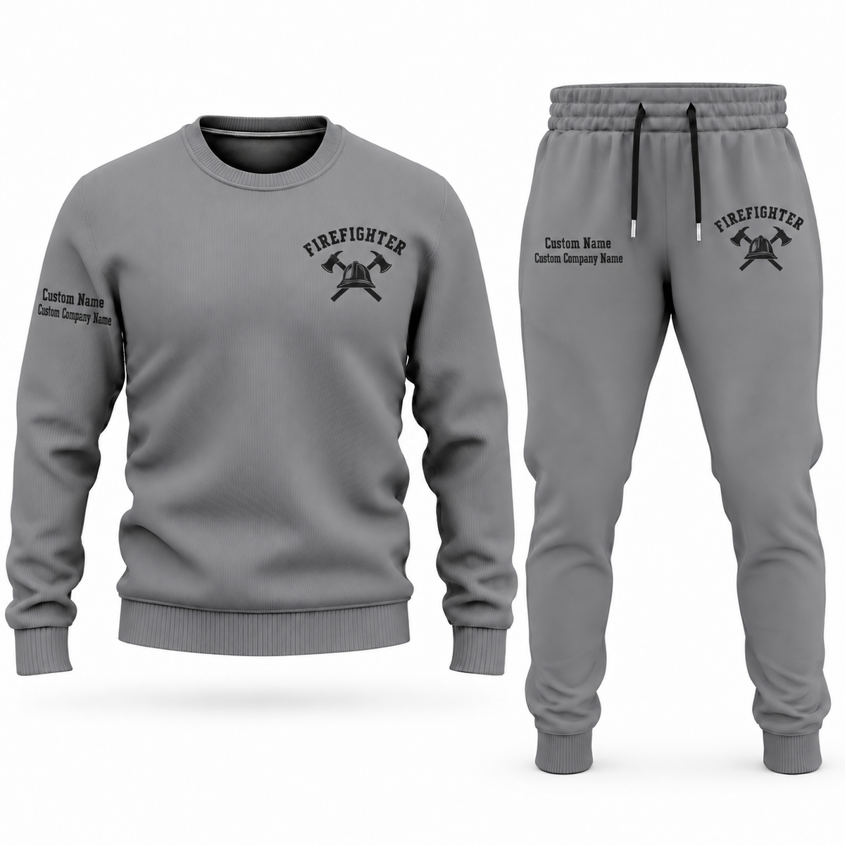 Firefighter Minimal Badge sweater and jogger combo, gray view with name and company artwork